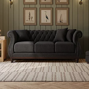Harrow Chesterfield Black Linen Fabric 3 Seater Sofa
