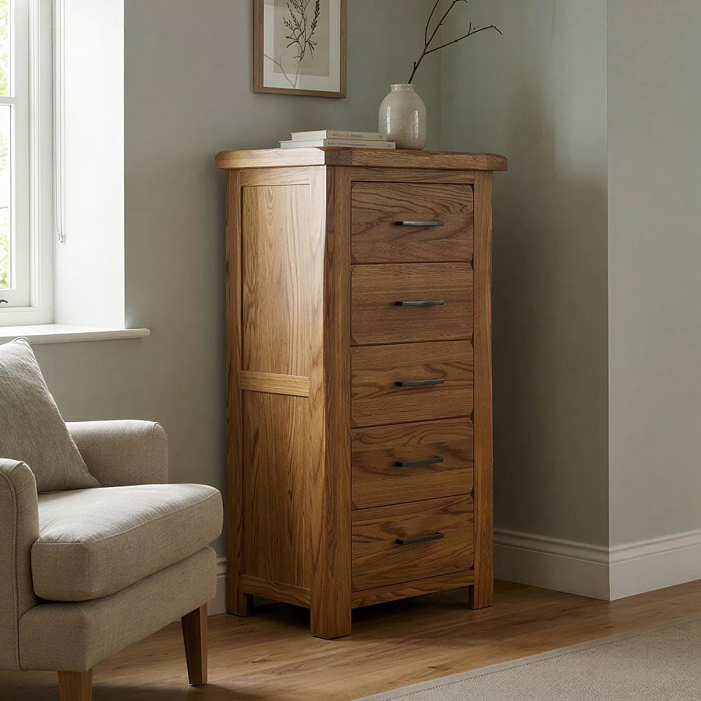 Rustic Solid Oak 5 Drawer Tallboy Dovetail Drawers