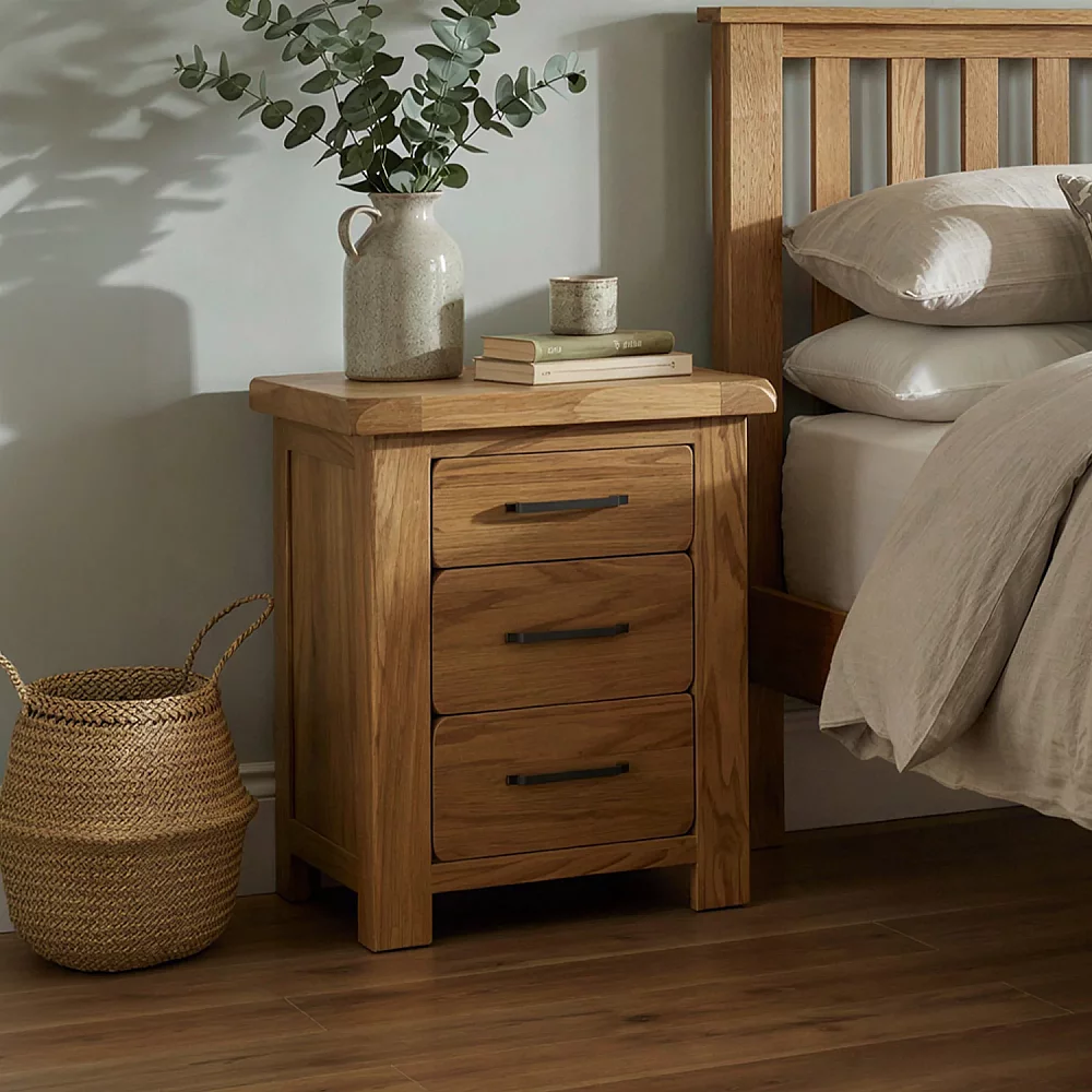 Rustic Solid Oak 3 Drawer Bedside Table Dovetail Drawers