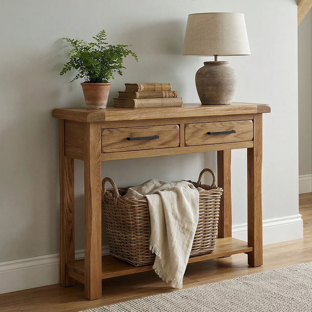 Rustic Solid Oak Console Table 2 Dovetail Drawers and Shelf