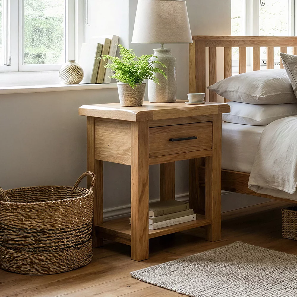 Rustic Solid Oak Lamp Table Dovetail Drawer and Lower Shelf