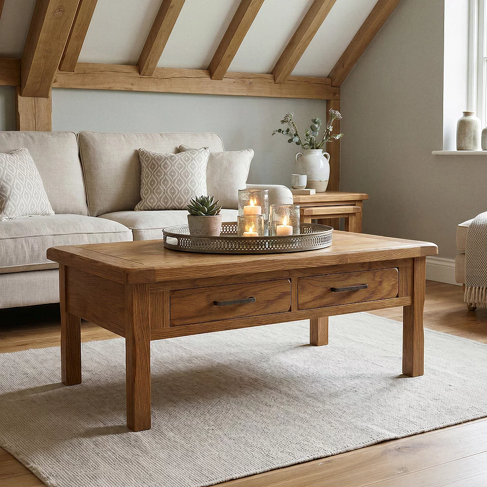 Rustic Solid Oak 4 Drawer Coffee Table Dovetail Drawers