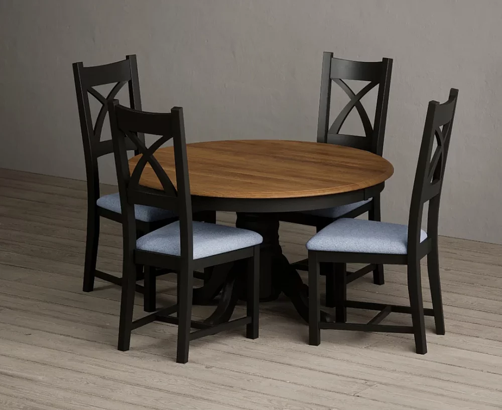 Hertford 120cm Fixed Top Oak and Black Painted Dining Table with 4 Charcoal Grey Painted Chairs