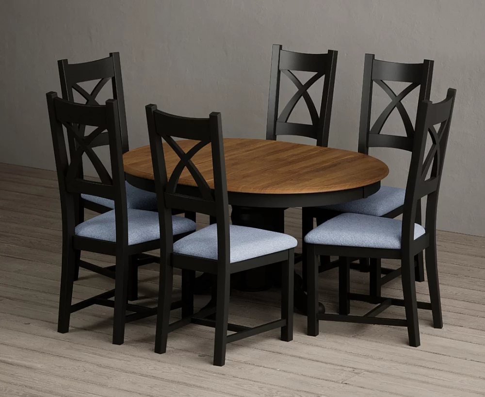 Extending Hertford 100cm 130cm Oak and Black Painted Pedestal Dining Table with 6 Blue Painted Chairs