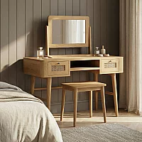 Oak Rattan Dressing Table Set