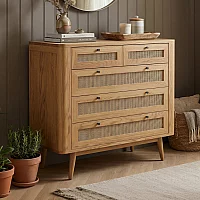 Oak Rattan 2 Over 3 Chest of Drawers