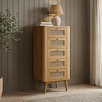 Oak Rattan 5 Drawer Tallboy Chest