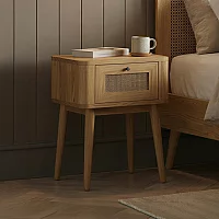 Oak Rattan Bedside Table