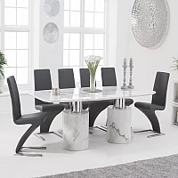 Antonio 220cm White Marble Dining Table with 8 Grey Aldo Chairs