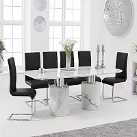 Antonio 220cm White Marble Table with 6 Black Austin Chairs
