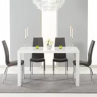 Seattle 160cm White High Gloss Dining Table with 4 Grey Marco Chairs