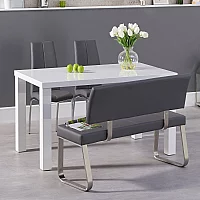 Seattle 160cm White High Gloss Dining Table with 2 Grey Marco Chairs with 1 Grey Bench