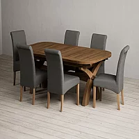 Extending Olympia 180cm Rustic Solid Oak Dining Table with 10 Blue Scroll Back Chairs
