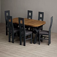 Extending Olympia 180cm Oak and Dark Blue Painted Dining Table with 6 Charcoal Grey Painted Chairs