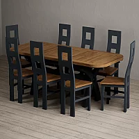 Extending Olympia 180cm Oak and Dark Blue Dining Table with 8 Rustic Oak Painted Chairs