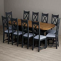 Extending Olympia 180cm Oak and Dark Blue Painted Dining Table with 10 Blue Painted Chairs
