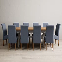Extending Olympia 180cm Oak and Soft White Painted Dining Table with 10 Blue Scroll Back Chairs