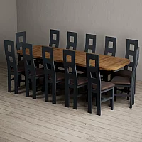 Extending Olympia 180cm Oak and Dark Blue Dining Table with 12 Brown Painted Chairs