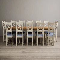 Extending Olympia 180cm Oak and Cream Painted Dining Table with 12 Blue Painted Chairs