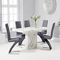 Belle 160cm Marble White Dining Table with 4 Grey Aldo Chairs