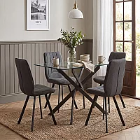 Bernini 120cm Black Leg Rectangular Glass Dining Table with 4 Grey Hendrick Chairs