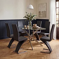 Bernini 165cm Oval Glass Dining Table with 6 Black Aldo Chairs