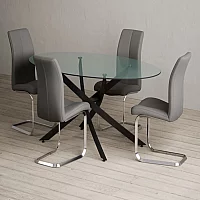 Bernini 165cm Black Leg Oval Glass Dining Table with 4 Grey Gianni Chairs