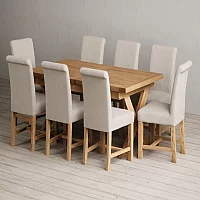 Extending Buckley 160cm Solid Oak Dining Table with 8 Natural Braced Chairs