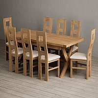 Extending Buckley 200cm Solid Oak Dining Table with 8 Linen Natural Chairs