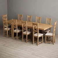 Extending Callington 230cm Oak Dining Table with 10 Linen Natural Solid Oak Chairs
