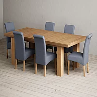 Extending Callington 230cm Oak Dining Table with 6 Blue Scroll Back Chairs