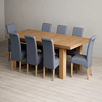 Extending Callington 230cm Oak Dining Table with 8 Blue Scroll Back Chairs