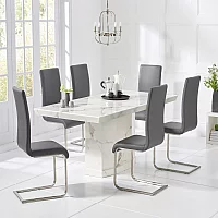 Carvelle 160cm White Pedestal Marble Dining Table with 8 Black Austin Chairs
