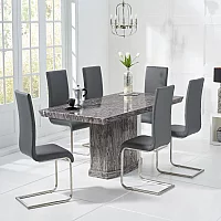 Carvelle 200cm Grey Pedestal Marble Dining Table with 6 Grey Austin Chairs