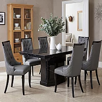 Carvelle 160cm Black Pedestal Marble Dining Table with 6 Grey Francesca Chairs