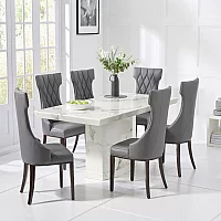 Carvelle 160cm White Pedestal Marble Dining Table with 4 Cream Sophia Chairs