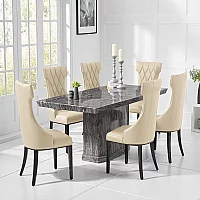 Carvelle 160cm Dark Grey Pedestal Marble Dining Table with 4 Cream Sophia Chairs
