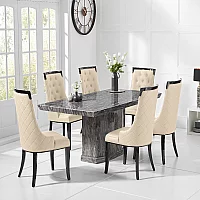 Carvelle 200cm Grey Pedestal Marble Dining Table with 10 Cream Francesca Chairs