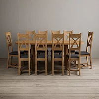 Extending Caversham Oak Oval Dining Table with 10 Charcoal Grey Natural Solid Oak Chairs