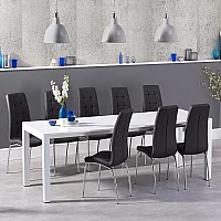Extending Cleveland White High Gloss Dining Table with 10 Black Enzo Chairs