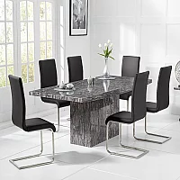 Crema 220cm Grey Marble Dining Table with 6 Black Austin Chairs