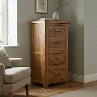 Rustic Solid Oak 5 Drawer Tallboy Dovetail Drawers