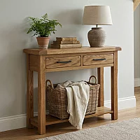 Rustic Solid Oak Console Table 2 Dovetail Drawers and Shelf