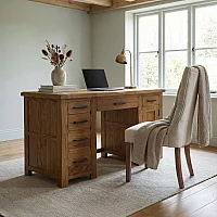 Rustic Solid Oak Computer Desk 6 Dovetail Drawers and Door