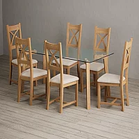 Lakelyn 180cm Solid Oak and Glass Dining Table with 8 Blue Natural Solid Oak Chairs