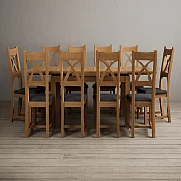 Extending Buxton 140cm Solid Oak Dining Table with 10 Charcoal Grey Natural Solid Oak Chairs