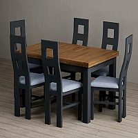 Extending Buxton 140cm Oak and Dark Blue Dining Table with 6 Blue Painted Chairs
