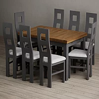 Extending Buxton 140cm Oak and Charcoal Grey Dining Table with 8 Light Grey Painted Chairs