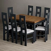 Extending Buxton 140cm Oak and Dark Blue Dining Table with 8 Light Grey Painted Chairs