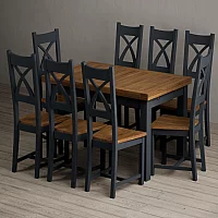 Extending Buxton 140cm Oak and Dark Blue Dining Table with 8 Rustic Oak Painted Chairs